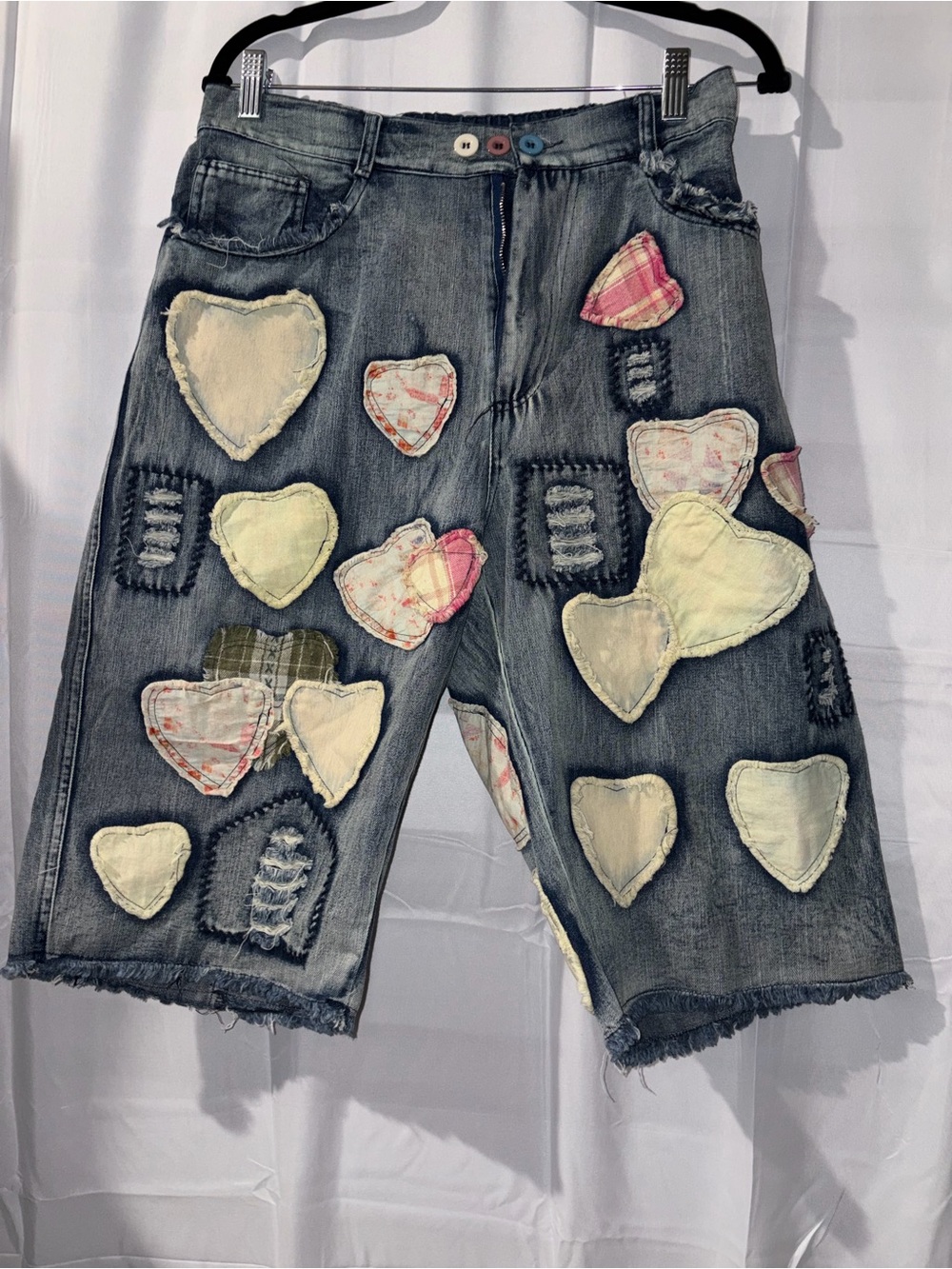 Grey Distressed Denim Jean Shorts with Heart Patch Accents